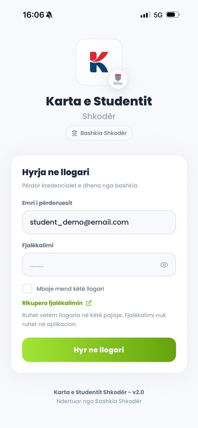 Sign-in screen of the Shkodër Student Card app
